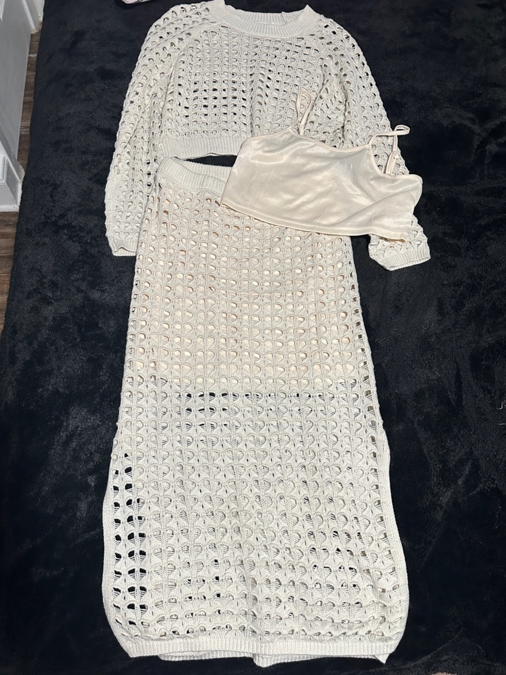 Cream Crochet Maxi Skirt and Knit Top Set with Satin Camisole